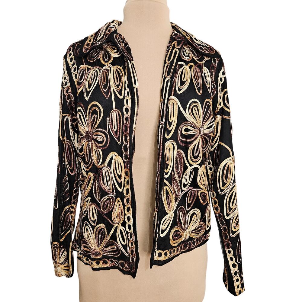 Anu by Natural‎ Blazer Womens Medium Floral Embroidered Open Shacket Black Cream